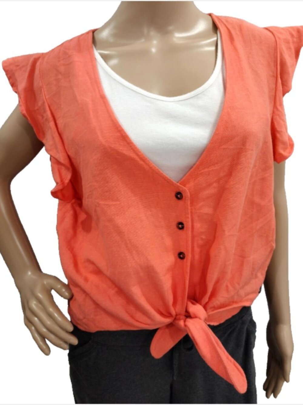Roxy Women's XL Coral Pink Button Vest Deep V Neck Flutter Sleeve Top